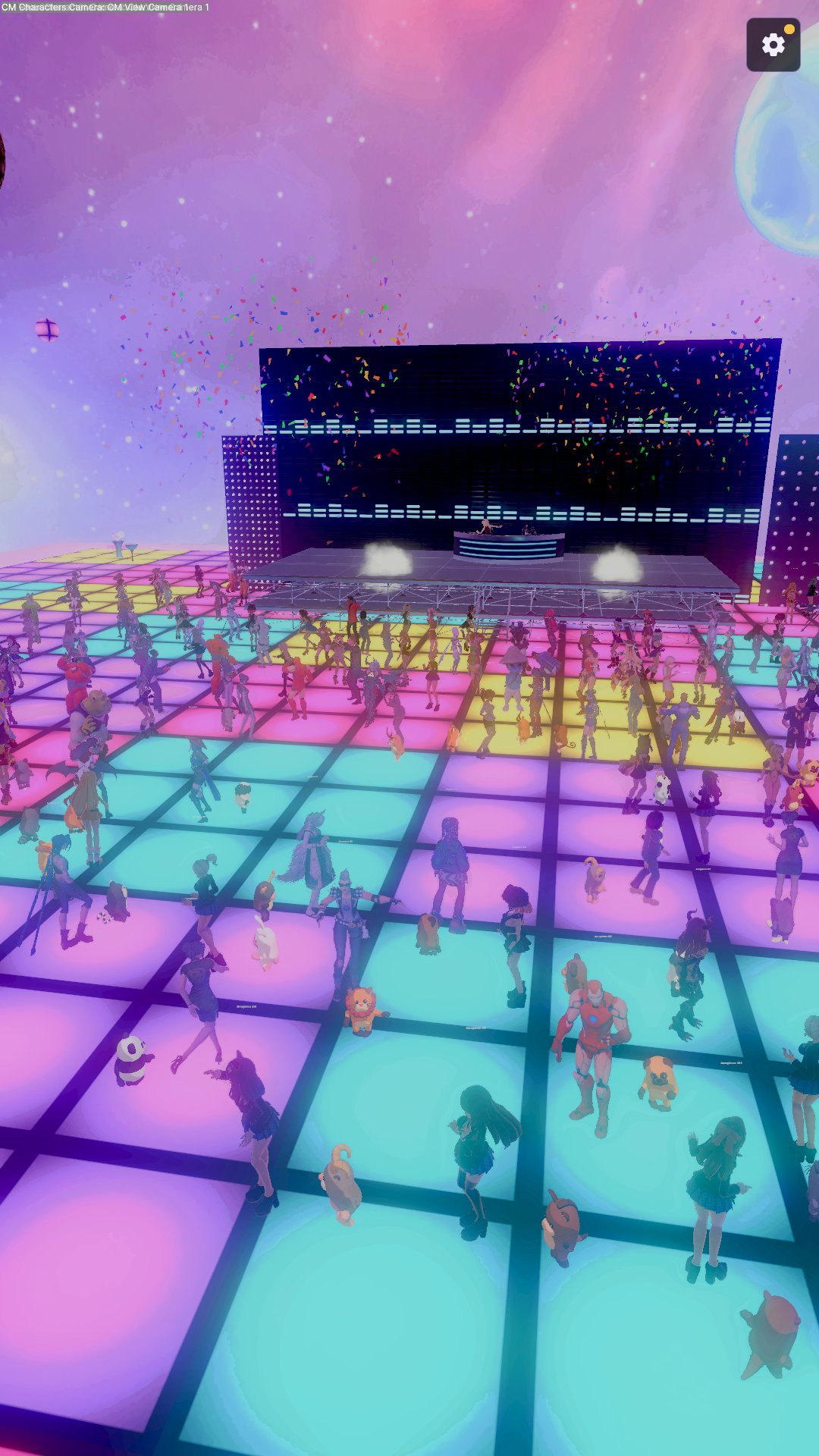 A crowd of viewer characters on the Neon Candy Club floor